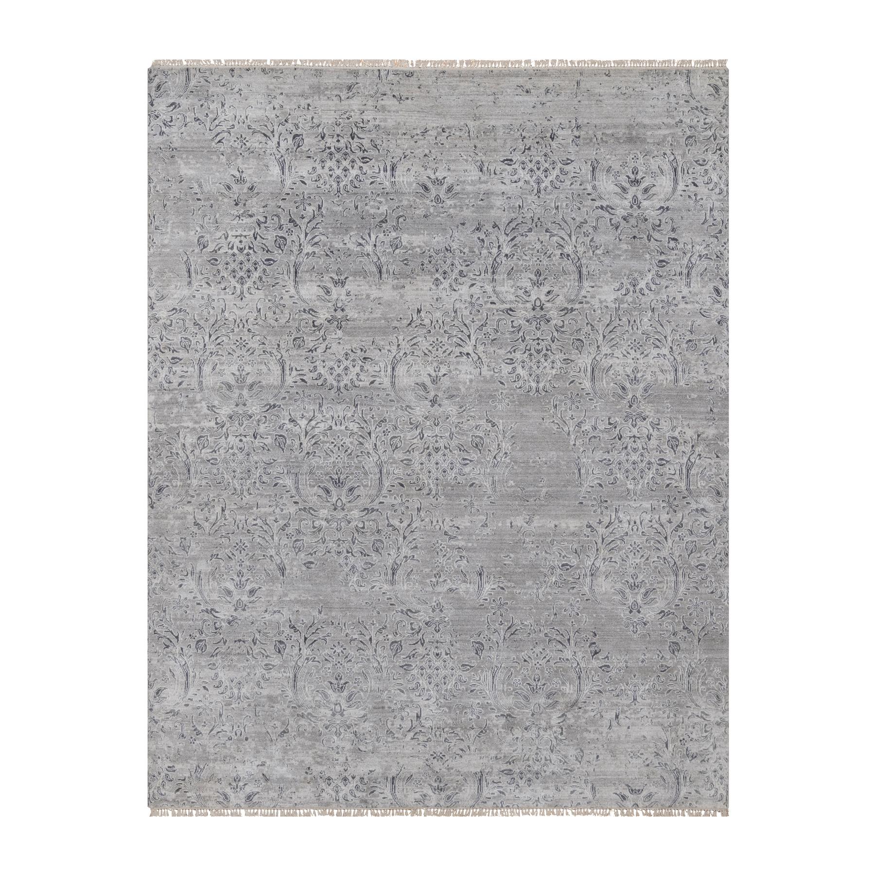 7'10"x10' Cloud Gray, Hand Knotted, Damask Design, Tone on Tone, Wool and Plant Based Silk, Oriental Rug 